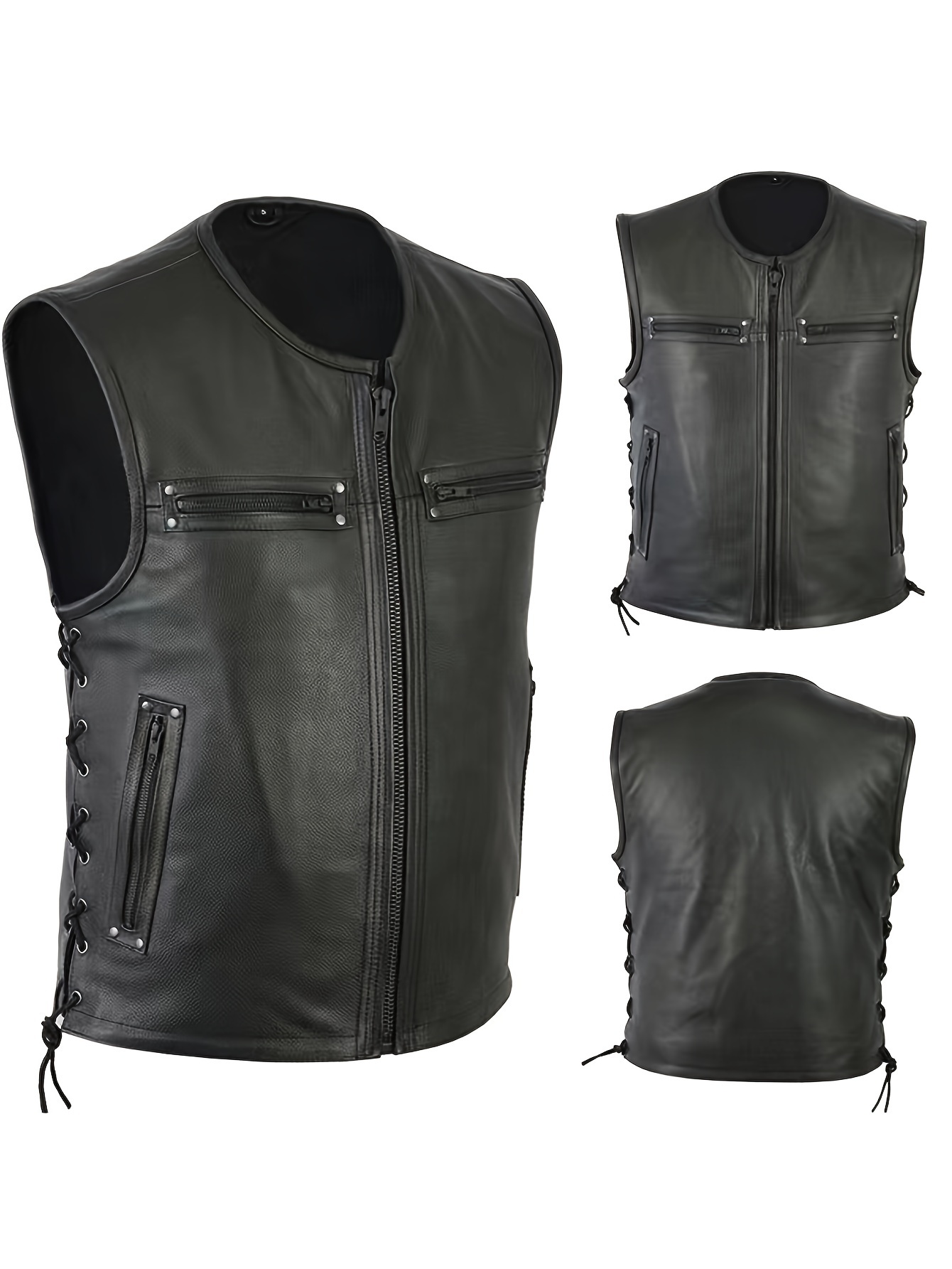 Leather Work Vest For Men - Erkekler Düz Renk Yelek Motosiklet Filosu