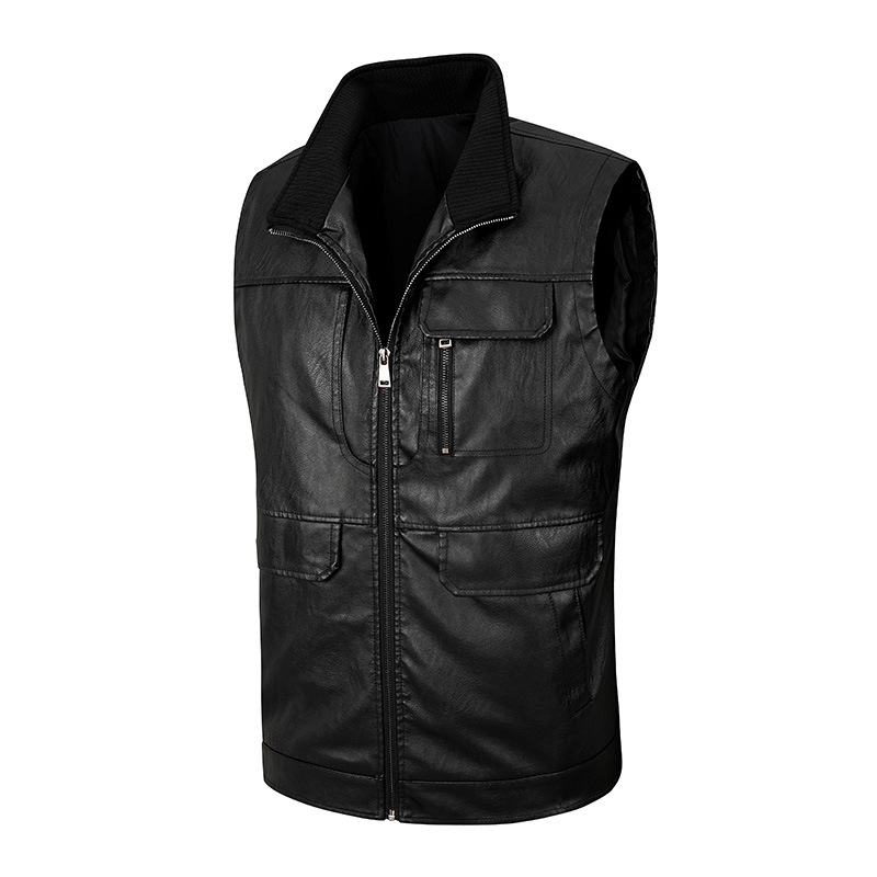 Leather Work Vest For Men - Erkek deri yeleği, ince dik yaka